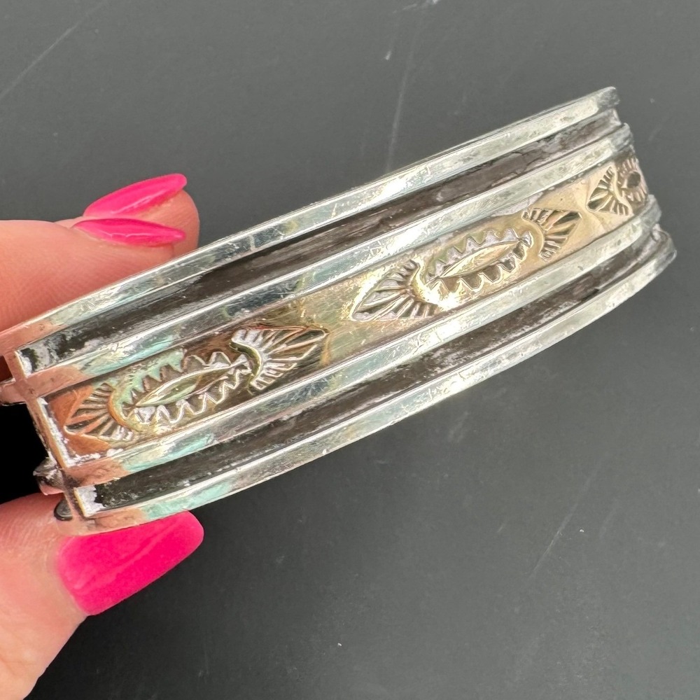 Vintage Navajo Mixed Metal Cuff Bracelet Stamp Work Silver Brass Southwestern